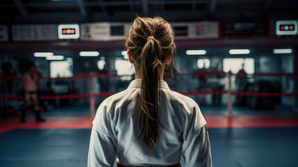 karateka girl in a kimono preparing for a fight, back view generative ai