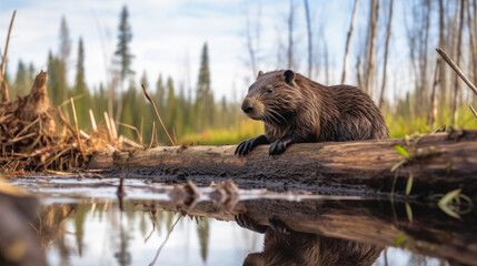 beaver builds a dam on the water generative ai - obrazy, fototapety, plakaty
