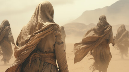 wrapped people walk through the Arabian desert in a sandstorm generative ai