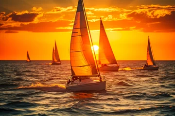 Deurstickers Competitions on sailing boats in evening weather against the backdrop of the setting sun generative ai © Fukume