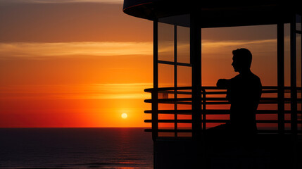 lifeguard tower, lifeguard watching the evening sunset and people on the beach generative ai
