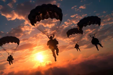 Fotobehang military paratroopers land with parachutes generative ai © Fukume