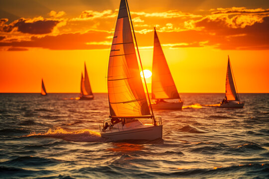 Competitions on sailing boats in evening weather against the backdrop of the setting sun generative ai