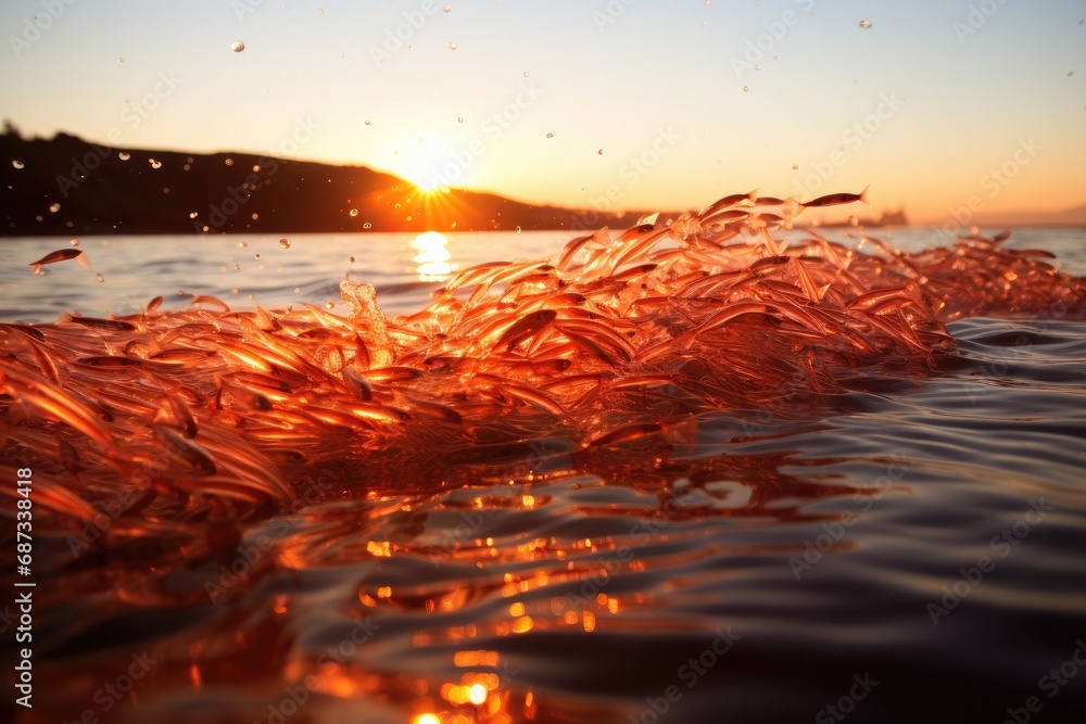 Poster the sun is setting behind a wave in the ocean with a lot of fish. generative ai.