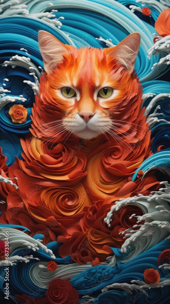 Poster a paper cat is sitting in the middle of a wave. generative ai.