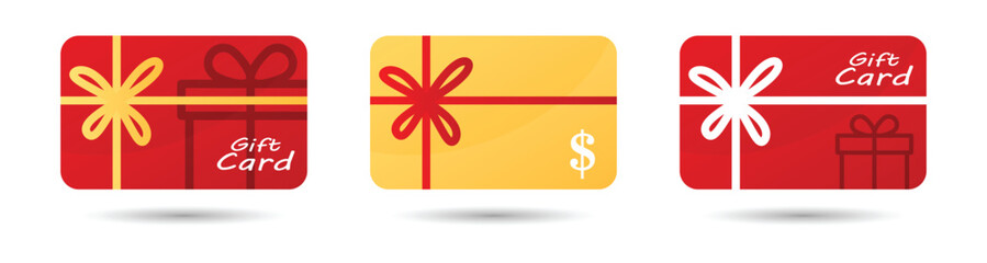 Gift card flat icon set, Gift voucher, reward. Loyalty card. Shopping gift card, Vector illustration - obrazy, fototapety, plakaty