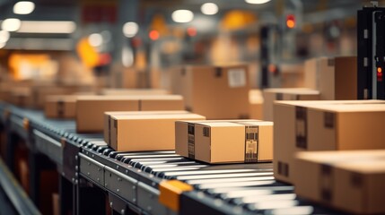 a conveyor belt in what appears to be a distribution warehouse, with multiple cardboard boxes in focus in the foreground. warm lighting suggests an active, industrious atmosphere, during late shift