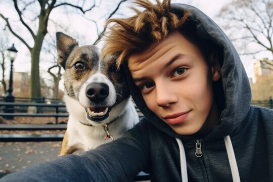 A teenager taking a selfie with his dog. Generative AI.