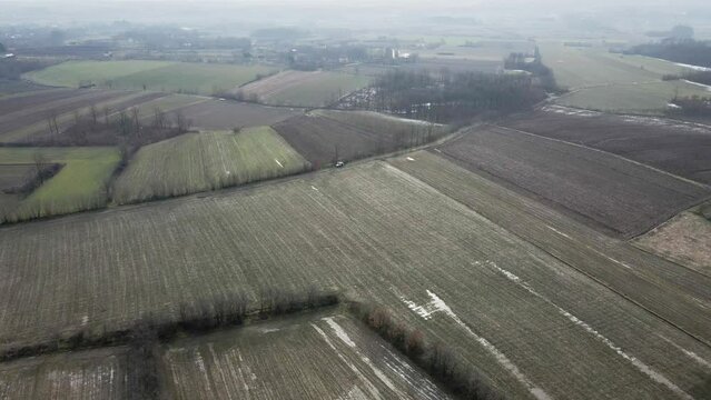 Flooded agricultural fields in fog in Ub, Serbia