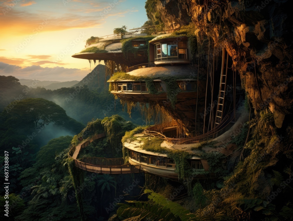 Poster a house on a cliff in the middle of a forest. generative ai.