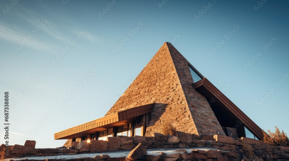 Poster a stone building with a triangular roof on top of a hill. generative ai.