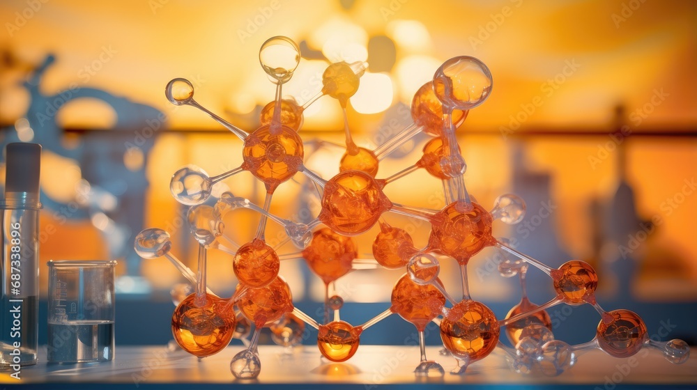 Poster a close up of a bunch of glass objects on a table. generative ai.