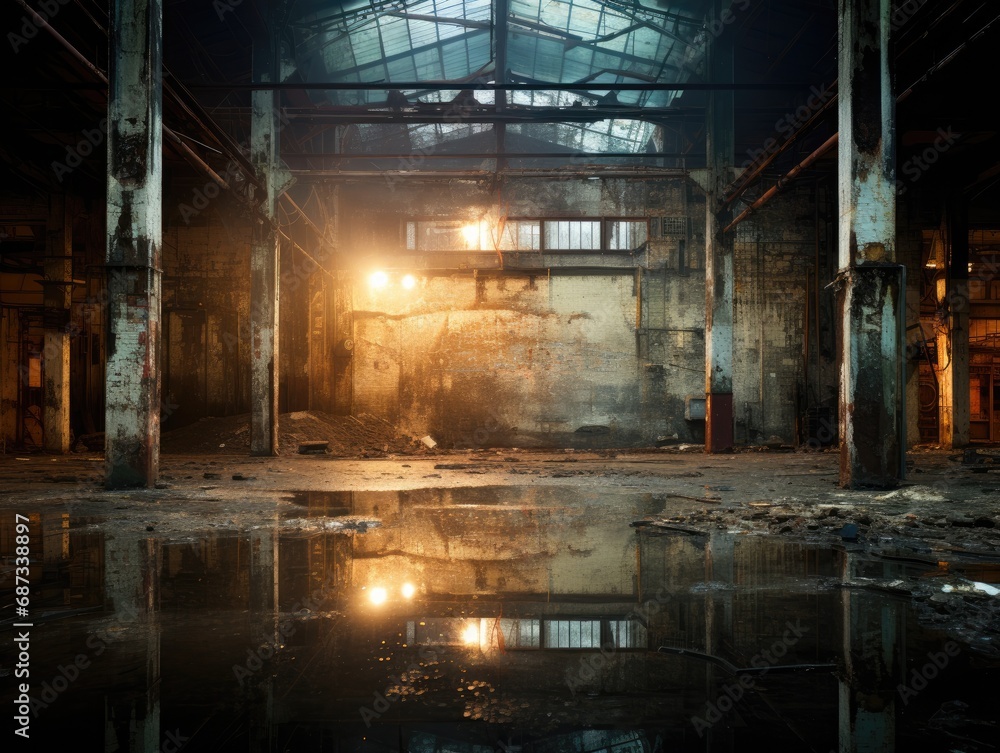 Poster a building with a puddle of water in front of it. generative ai.