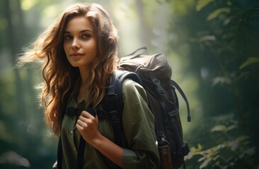 A woman with a backpack walking through a forest. Generative AI.