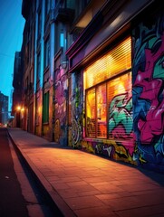 Fototapeta premium A city street with a building covered in graffiti. Generative AI.