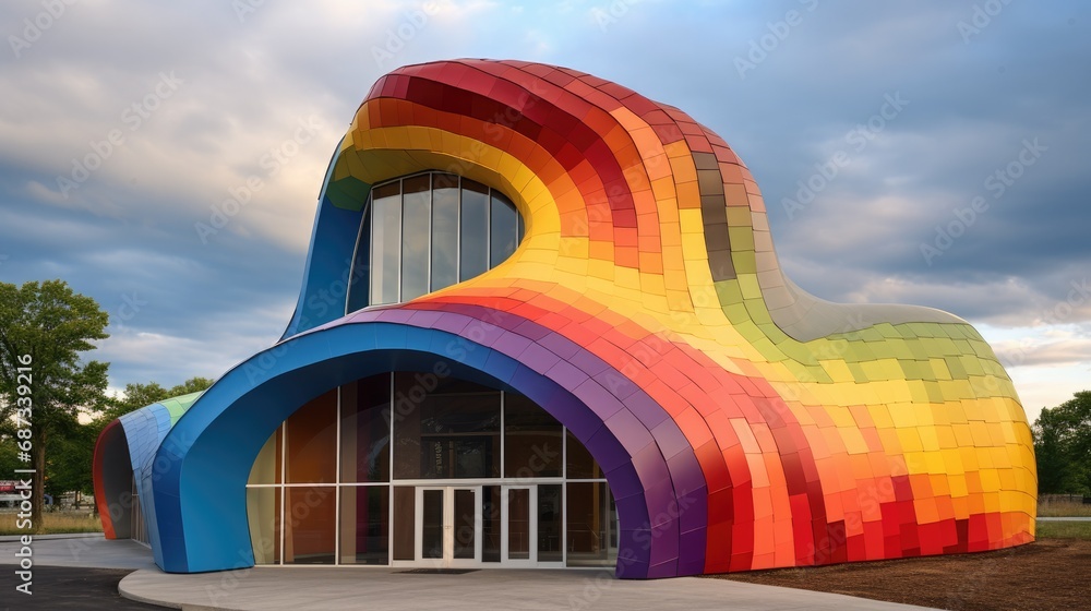 Poster a building with a rainbow painted on the side of it. generative ai.