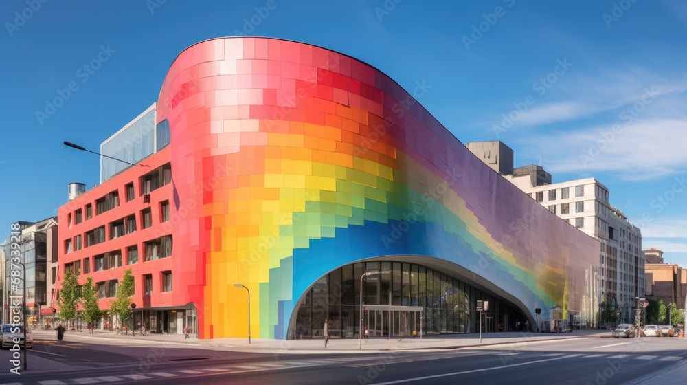 Poster a building with a rainbow painted on the side of it. generative ai.