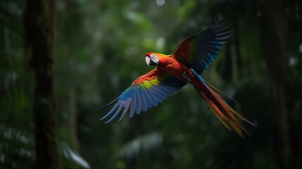 A parrot in rainforest. Low angle shot of a parrot soaring in rainforest. Wild concept. Animal concept. Bird concept. Wild life concept. Animal world concept. Tropical concept.