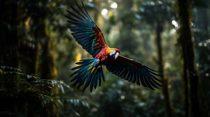 A parrot in rainforest. Low angle shot of a parrot soaring in rainforest. Wild concept. Animal concept. Bird concept. Wild life concept. Animal world concept. Tropical concept.