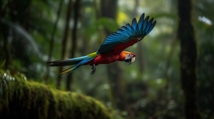 A parrot in rainforest. Low angle shot of a parrot soaring in rainforest. Wild concept. Animal concept. Bird concept. Wild life concept. Animal world concept. Tropical concept.