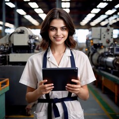 Smiling confident female supervisor in factory, holding a tablet