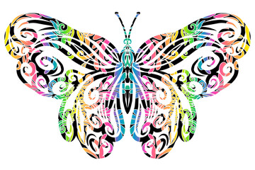 The symmetrical butterfly vector design with dynamic gradient batik dayak flower line art in a luxurious pattern colour	
