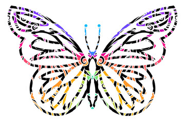 The symmetrical butterfly vector design with dynamic gradient batik dayak flower line art in a luxurious pattern colour	