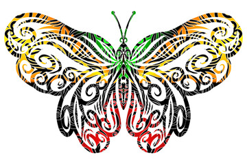 The symmetrical butterfly vector design with dynamic gradient batik dayak flower line art in a luxurious pattern colour	