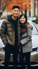 A happy Asian American couple celebrates their first car purchase, posing confidently in front of their new vehicle. Generative AI.