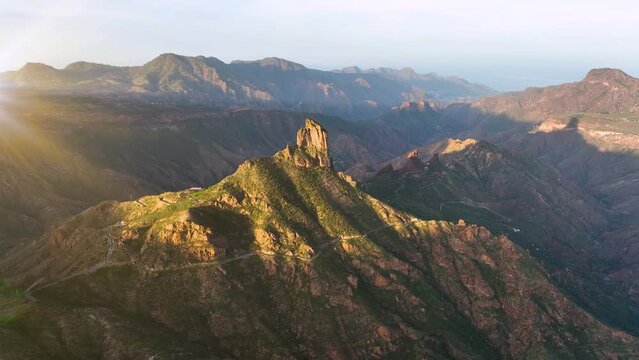 Aerial drone view of the roque nublo. volcanic landscape of Gran Canaria, Canary Islands Spain