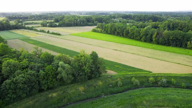 Drone flies around river Ub surrounded by greenery and agricultural fields in Serbia