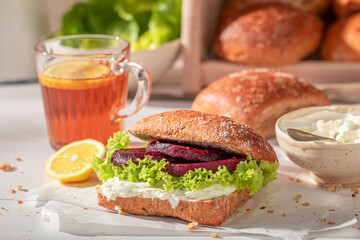 Homemade and tasty sandwich with beetroot and cottage cheese.