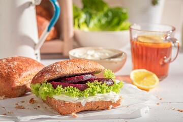 Homemade and tasty sandwich as vegan healthy breakfast. - obrazy, fototapety, plakaty