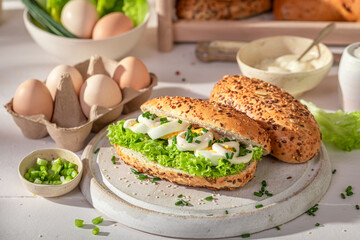 Tasty and homemade sandwich with mayonnaise and eggs.