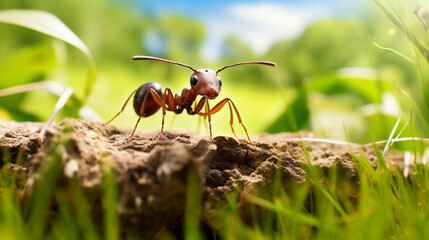 Ant resting on the grass. red ant in the nature. generative ai