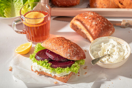 Delicious and healthy sandwich with beetroot and cottage cheese.