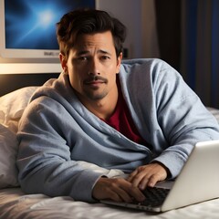 Obraz premium Young man using laptop in bed at night, tired male freelancer working late on computer, remote worker in blue hoodie browsing internet in bedroom