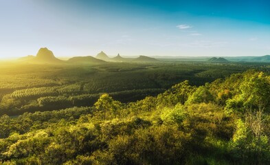 Glasshouse mountain in Queensland, Australia at sunset.