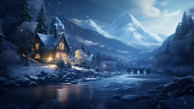 Fantasy of cozy house in mountains valley during winter and snowfall. Seamless looping time lapse video animation background. Generated with AI