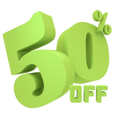 Green fifty percent isolated on white. Fifty 50% income or 50% off on sale concept. 3d rendering illustration