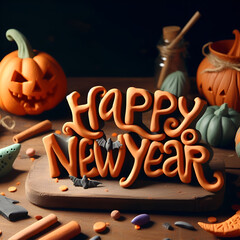 Happy New Year with Halloween atmosphere made with colored clay.Generative AI
