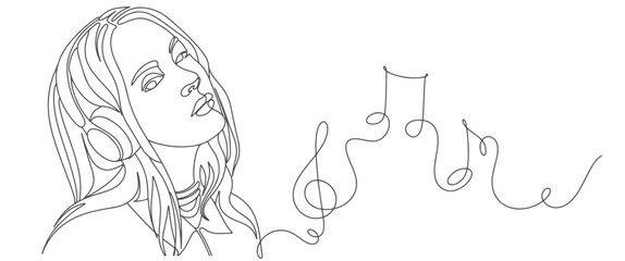 line art drawing of Woman listening to music . headphones musical sound wave vector illustration concept.