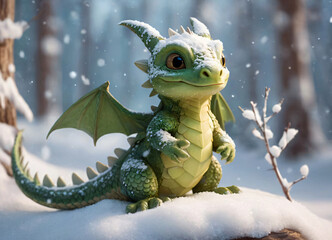 A little dragon watches as the snow falls.