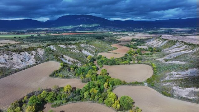 Aerial view from a drone of the agricultural landscape around the Arag&oacute;n River near the Yesa Reservoir and the Arag&oacute;n River. Jacetania region. Mianos. Huesca. Aragon. Spain. Europe