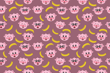 Cute seamless pattern with kawaii pig, piggy, swine, piglet with banana fruit. Design for nursery, for clothes, for sleep, for fabrics, for kids