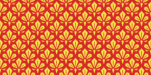 Japanese style gold flower model seamless pattern. Red and yellow flowers for decoration, wallpaper, wrapping paper, covers, fabric and floor