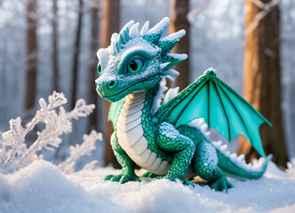 A little dragon sits in the snow.