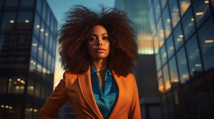 Elegante jovem mulher de negócios afro de terno caqui, empreendedora diretora sucesso prédio espelhado