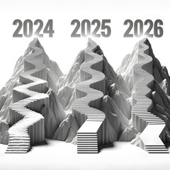 Years 2024, 2025, 2026 on a stairway leading to the top of a mountain, representing growth and future aspirations.