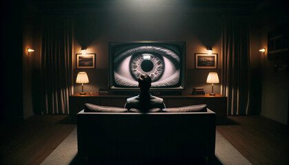 AI-Generated Image: Man Watching TV with an Eye Inside - obrazy, fototapety, plakaty
